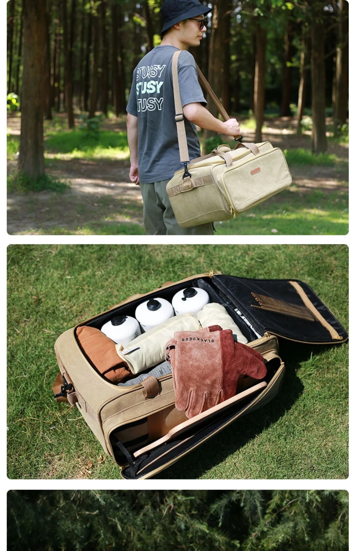 Green Oxford cloth camping kitchenware storage bag showing 16L and 35L size options for gas tanks and cookware.