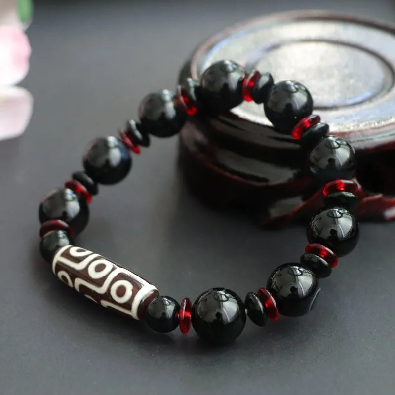 Hand-woven black agate dzi bead bracelet with 11mm geometry beads in national style design