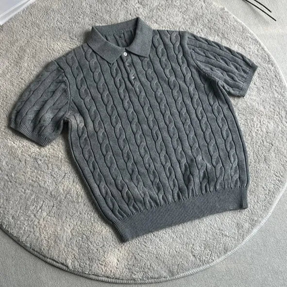 Men's grey twisted combed cotton knitted t-shirt on a hanger, short sleeve casual design