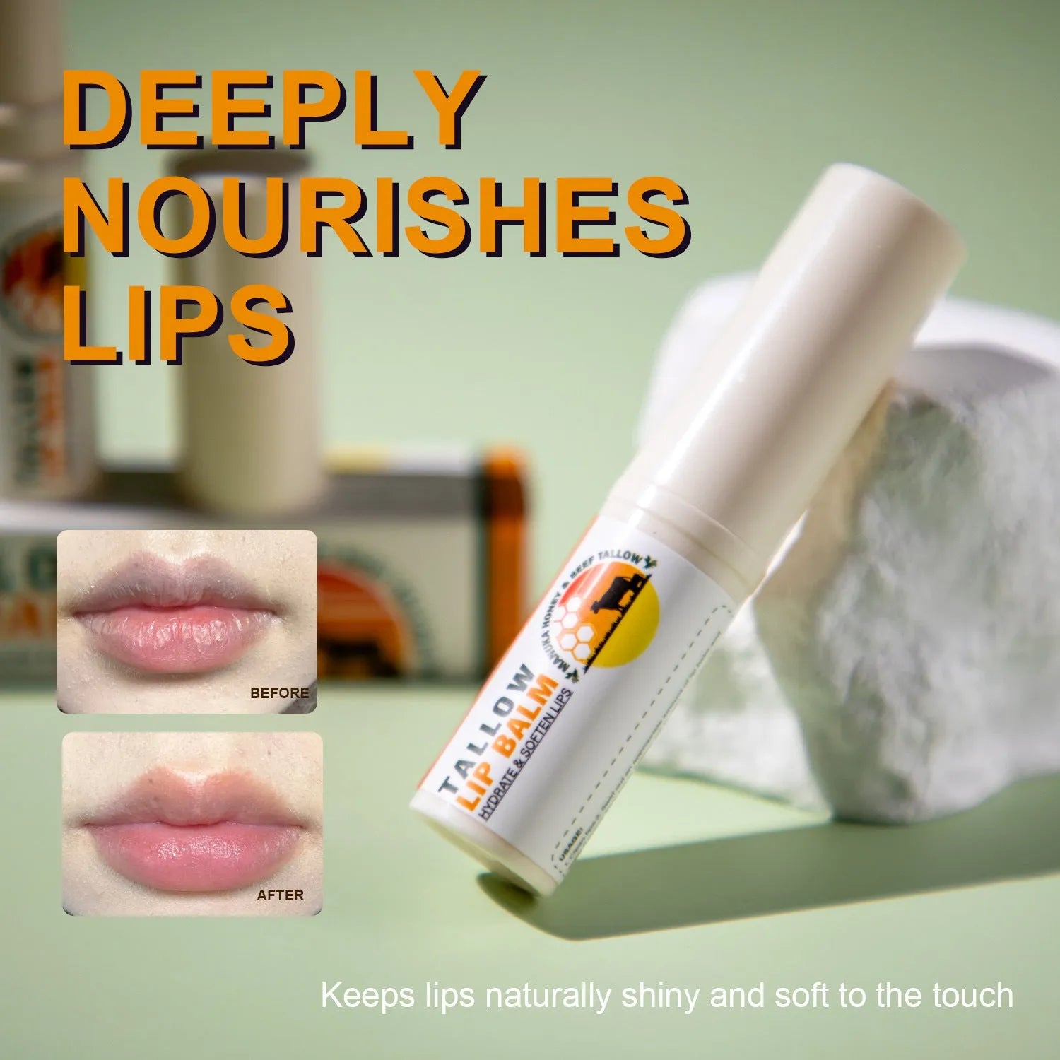 Tallow lip balm stick measuring 83mm long with 19mm square profile and 5g weight
