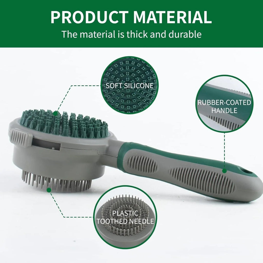 Two-sided silicone cat hair brush with retractable slicker and octopus-teethed massager in green or pink