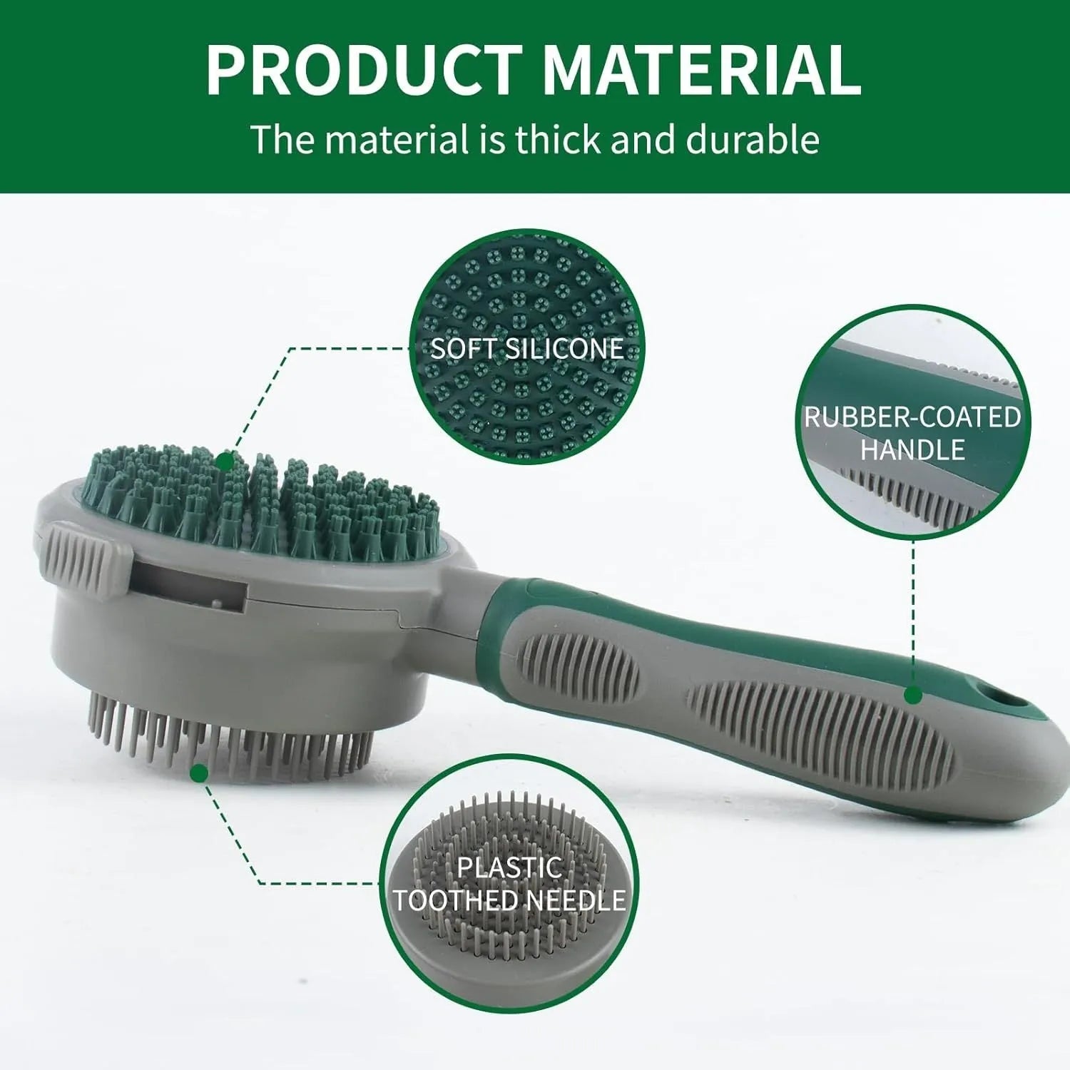 Two-sided silicone cat hair brush with retractable slicker and octopus-teethed massager in green or pink