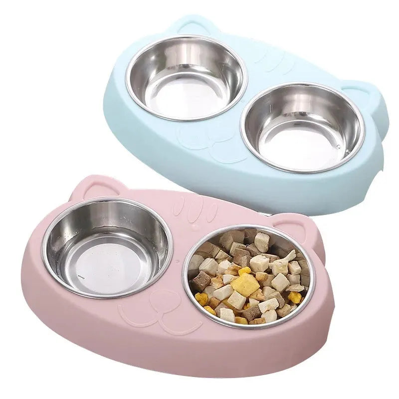 Blue plastic pet feeder with two bowls measuring 26.5cm by 17cm for food and water