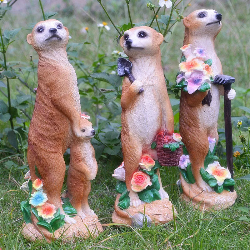 Straw hat mongoose ornament in resin and plastic with detailed animal features and miniature tools