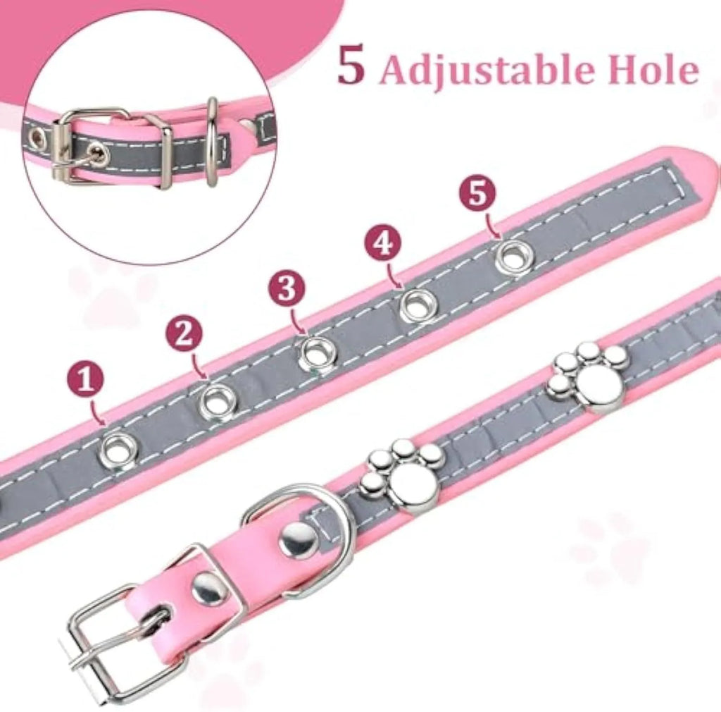 Reflective adjustable dog collar with decorative paw rivet on soft PU leather