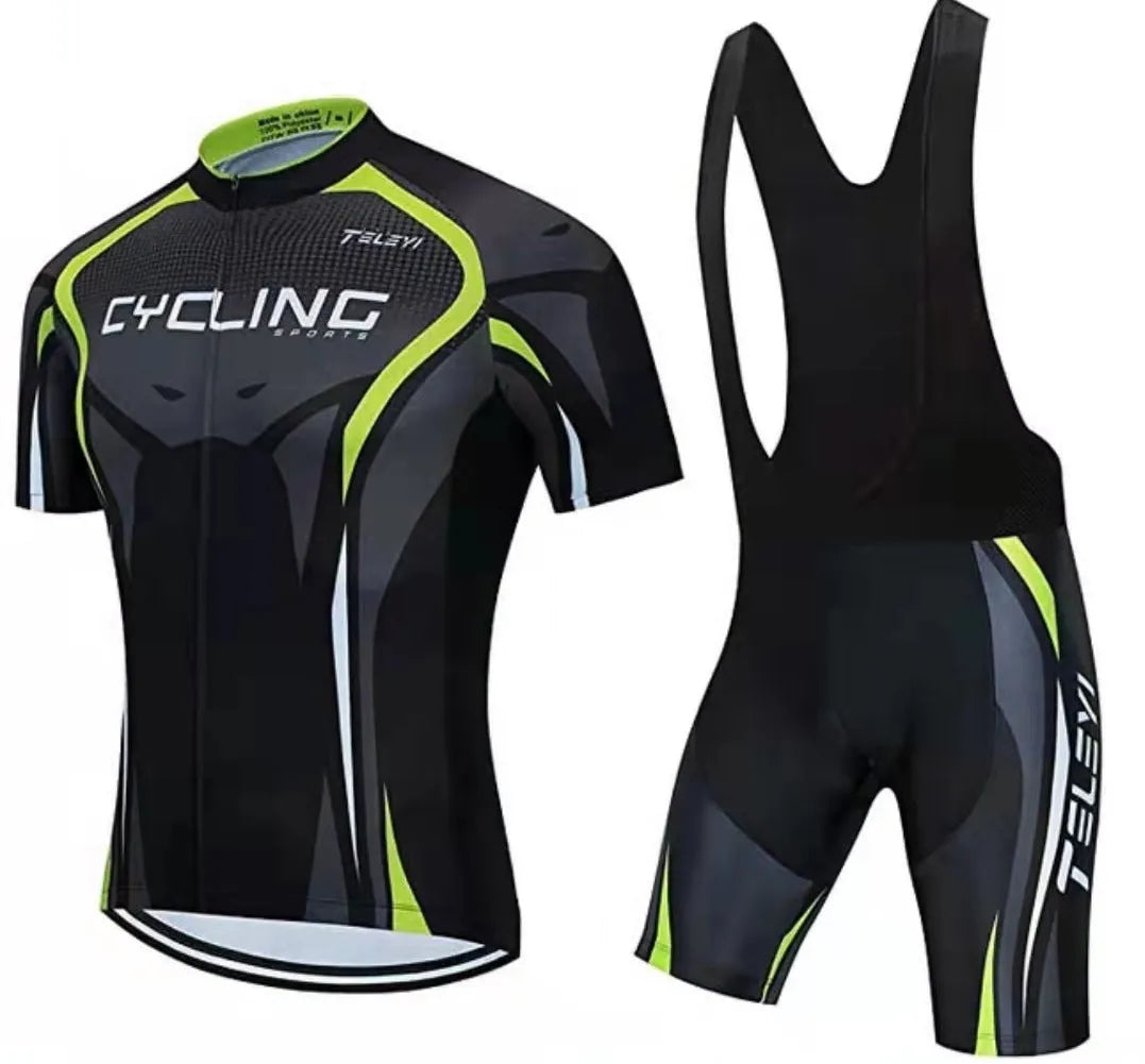 Cycling jersey set with top and pants in moisture-wicking fabric for summer riding