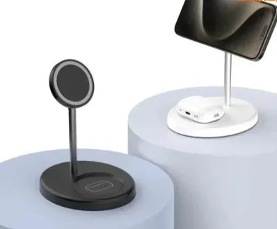 Vertical wireless charger with cooling holes showing smartphone charging in upright position