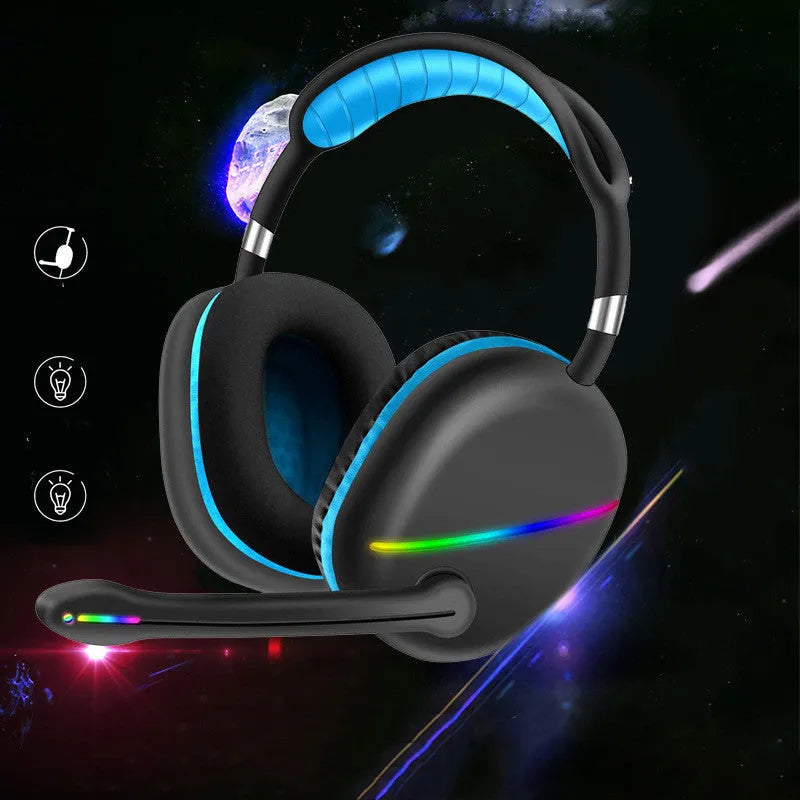 Blue over-ear wireless Bluetooth headset with illuminated RGB lights on the ear cups.