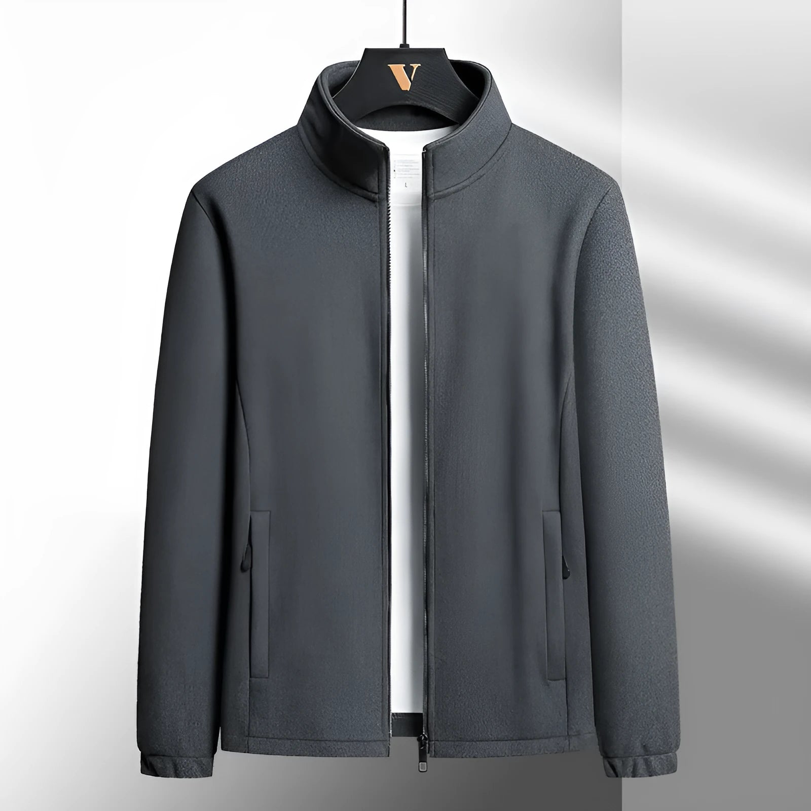 Men's grey Berber fleece cardigan with a stand-up collar and front zip, showing zippered hand pockets.