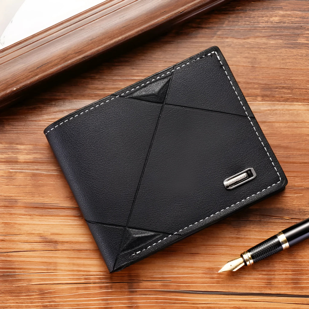 Men's thin black three-fold horizontal PU leather wallet showing multiple card slots