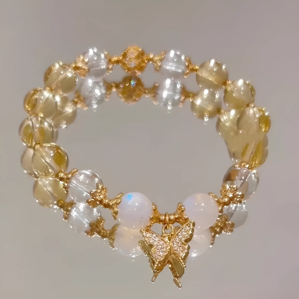 Moonstone white crystal bracelet with diamond-shaped beads and citrine butterfly charm in Chinese style design