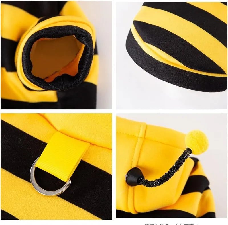 Yellow and black striped bee antenna hoodie for small dogs and cats with flexible antennae and back belt hook