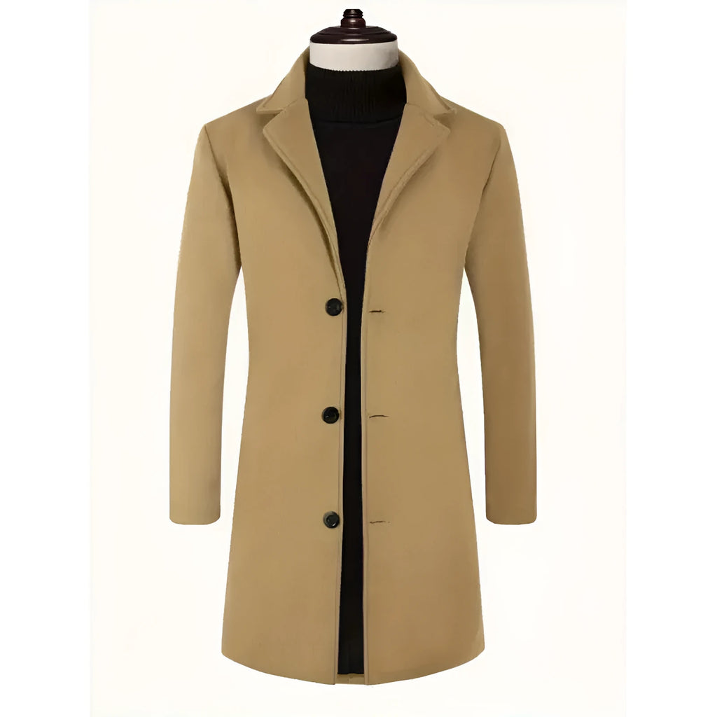 Men's mid-length polyester trench coat, slim fit, no belt, side seam pockets, solid colour, sizes XS-XXXL