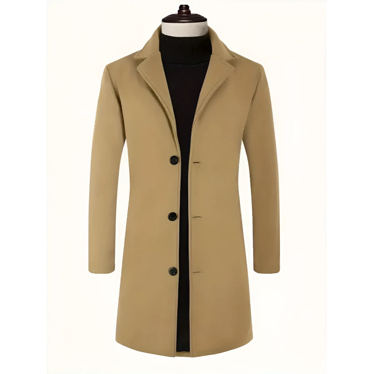 Men's mid-length polyester trench coat, slim fit, no belt, side seam pockets, solid colour, sizes XS-XXXL