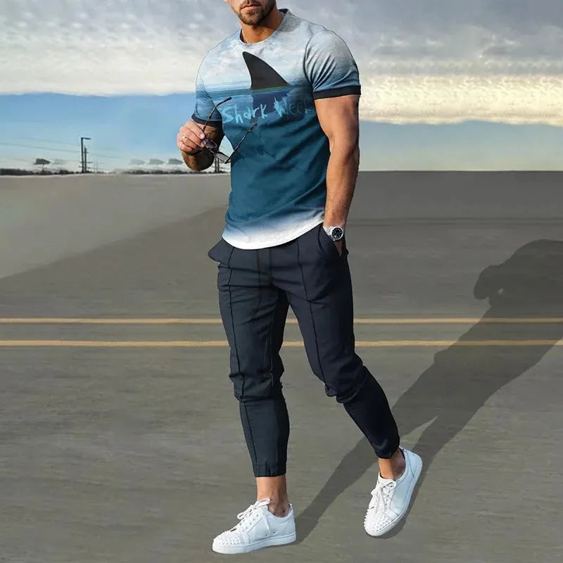 Men's short-sleeved polyester tracksuit set with trousers in various colours, sizes S to 4XL, for sports activities