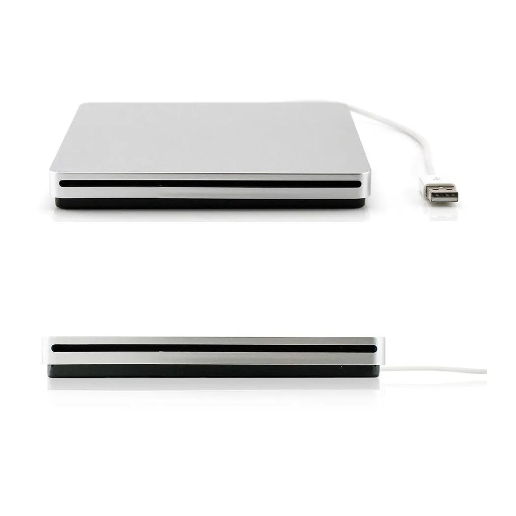 Silver external USB CD/DVD drive, 13.7 x 13.4 x 1.7 cm, for Mac OS and Windows