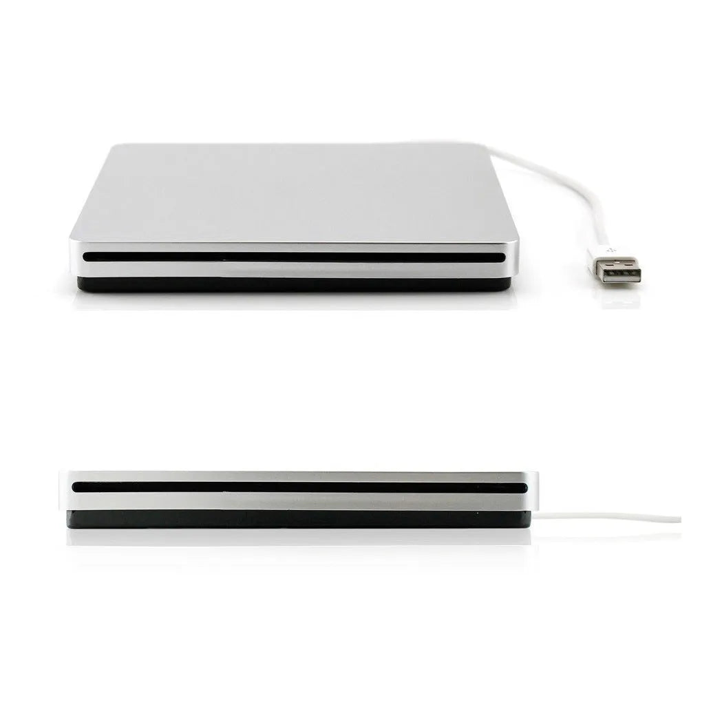 Silver external USB CD/DVD drive, 13.7 x 13.4 x 1.7 cm, for Mac OS and Windows
