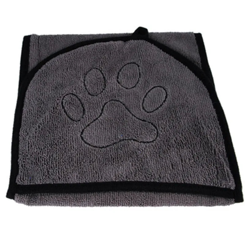 Absorbent fibre dog bath towel in bathrobe shape, plain pattern, available in blue, grey, or green.