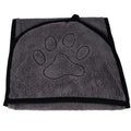 Absorbent fibre dog bath towel in bathrobe shape, plain pattern, available in blue, grey, or green.