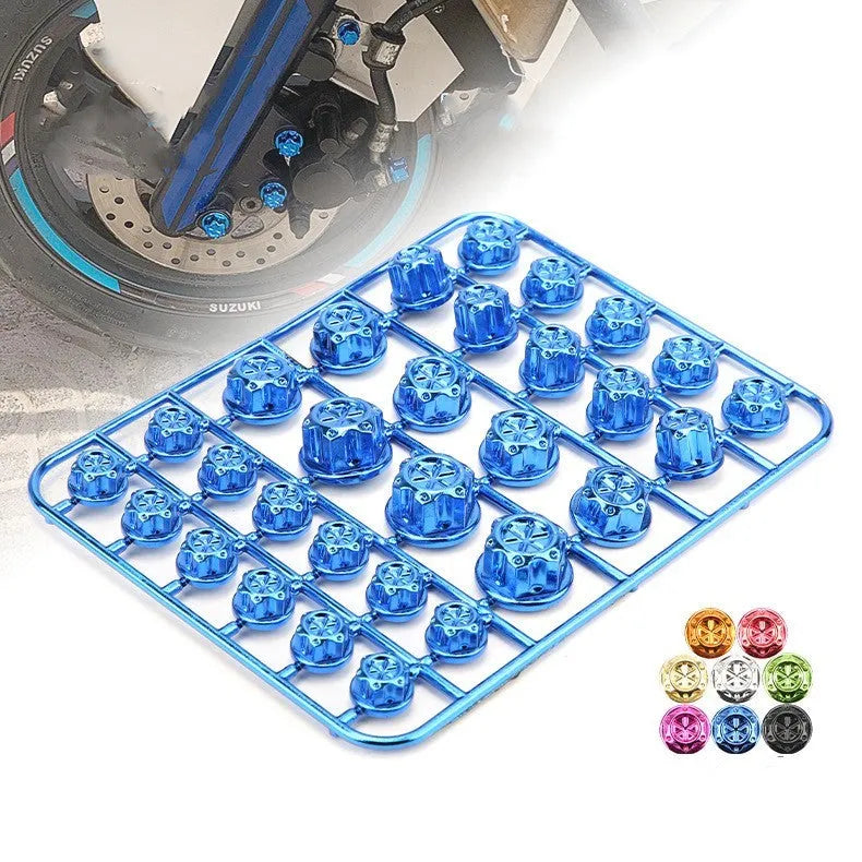 Set of 30 coloured ABS plastic screw caps for motorcycle engine modification, showing black, red, gold, blue, silver, green, orange, and purple options