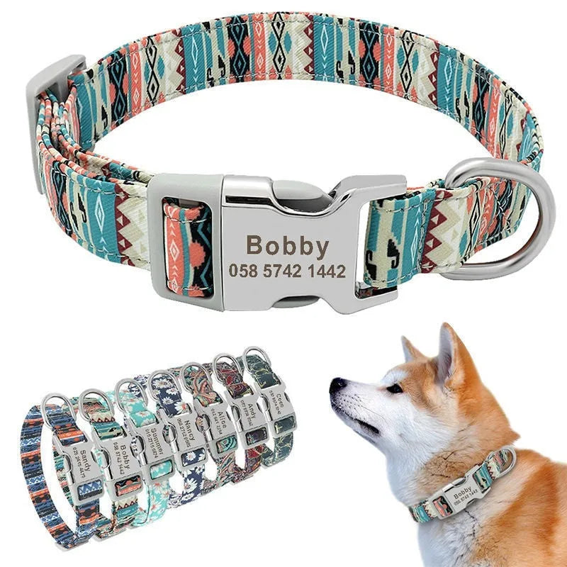 Adjustable canvas dog collar with semi-metal buckle in striped Bohemian pattern