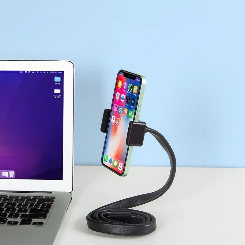 Flexible silicone and aluminium adjustable hose phone holder bent into an S-shape with smartphone attached.