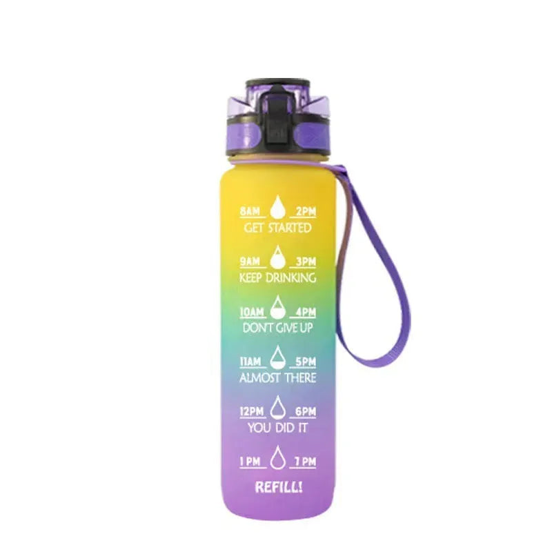 Clear 1000ml Tritan sports water bottle with blue lid and infuser inside, showing measurements.
