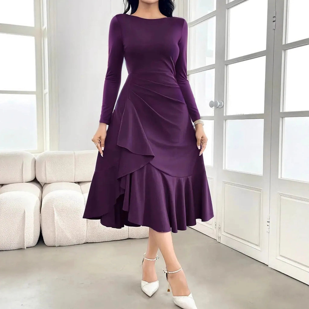Purple women's long sleeve dress with round neck and ruffle detail, mid waist design