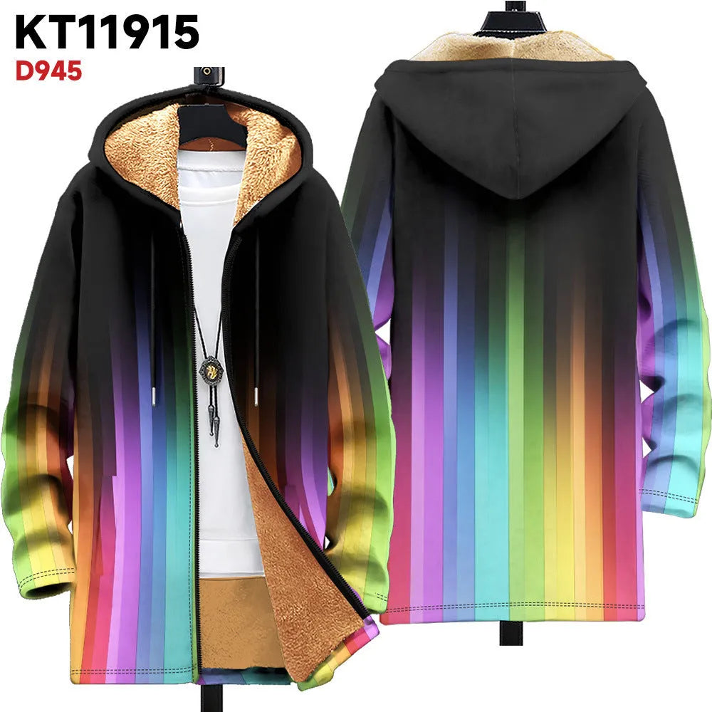 Men's multicolour pattern hooded cardigan with front zip closure in loose fit