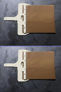 Wooden pizza peel board in natural log colour with hanging hole, shown in three size options