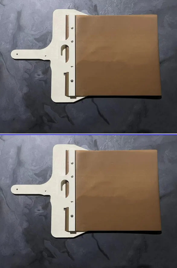 Wooden pizza peel board in natural log colour with hanging hole, shown in three size options