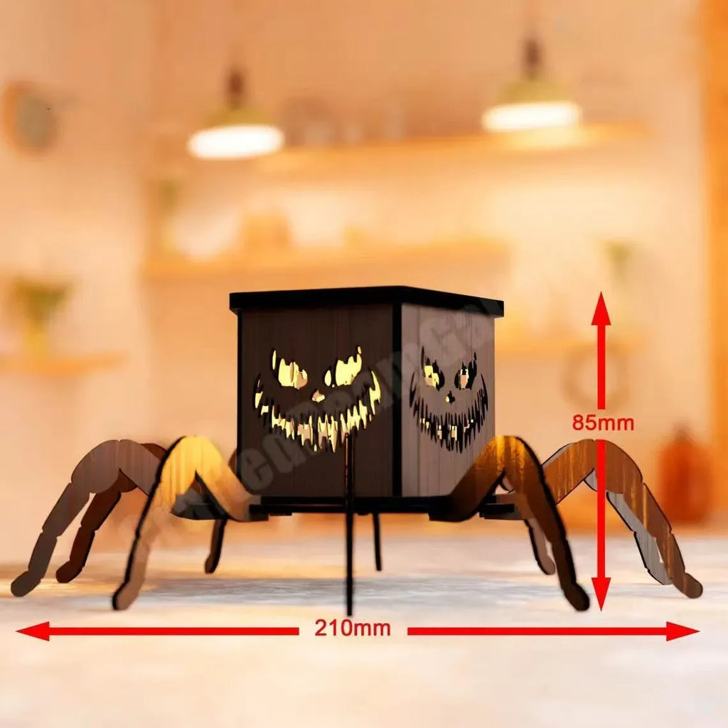 Wooden spider silhouette candlestick measuring 21cm tall with 8.5cm base for Halloween decorations