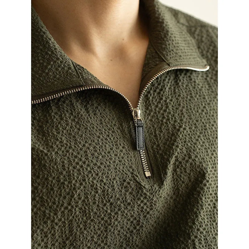 Men's cedar green ice silk short sleeve shirt with loose fit for summer leisure activities