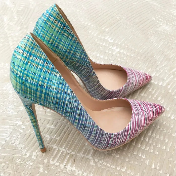 Ladies' gradient patent leather heels in pink-blue fade with pointed toe and sheepskin insoles
