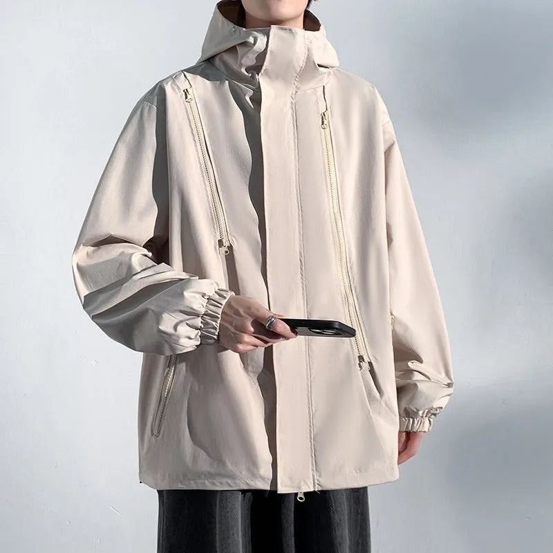Men's waterproof windproof shell jacket in black, apricot, red or brown, long sleeve, side seam pockets, sizes M to 5XL
