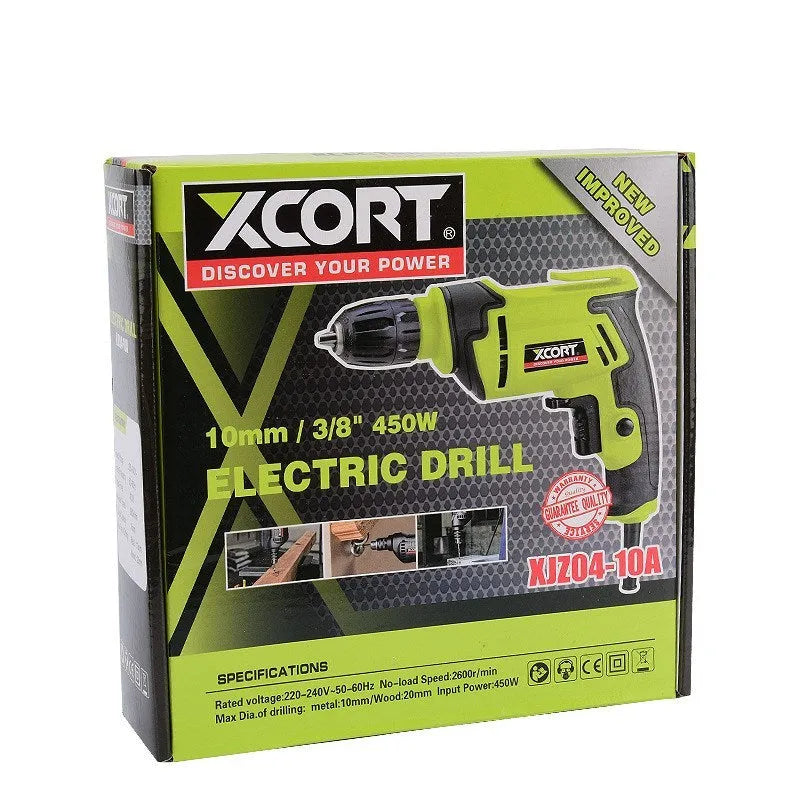 Pistol grip electric drill with 450W motor, 10mm chuck, and dimensions 24x24x7cm for drilling wood, aluminium, and steel