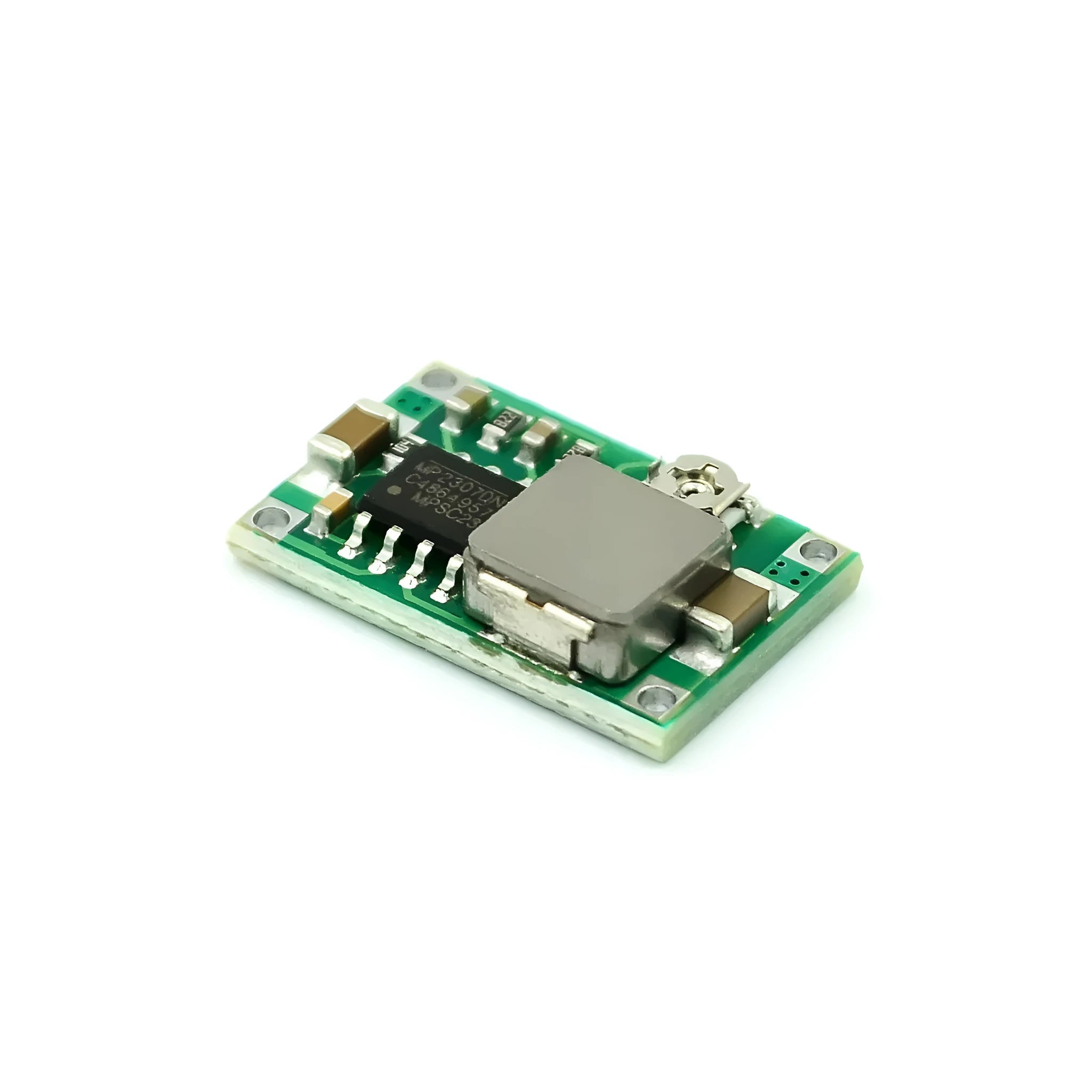 Mini 360 green DC-DC buck converter step down power module on a white background