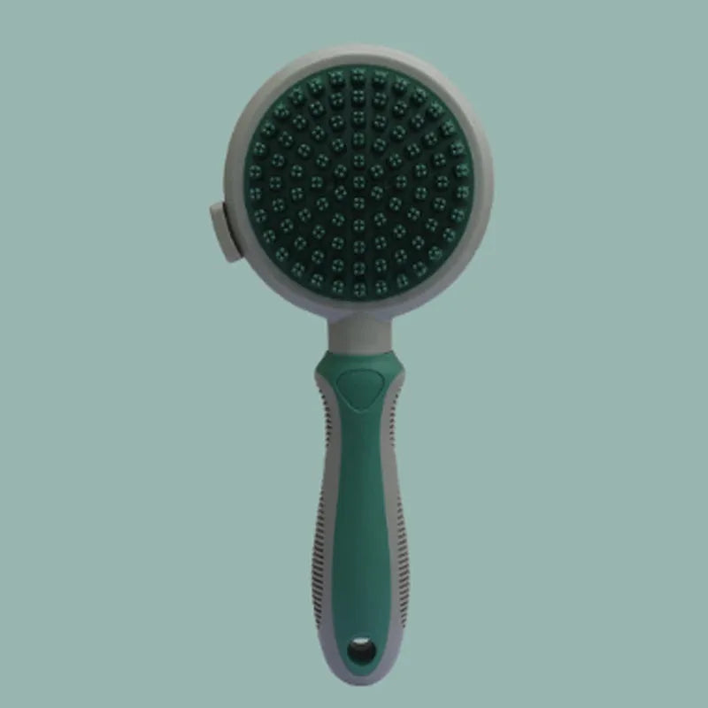 Two-sided silicone cat hair brush with retractable slicker and octopus-teethed massager in green or pink