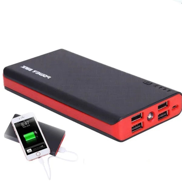 20000mAh blue power bank showing dimensions 145×68×22mm with 2.1A fast charging capability