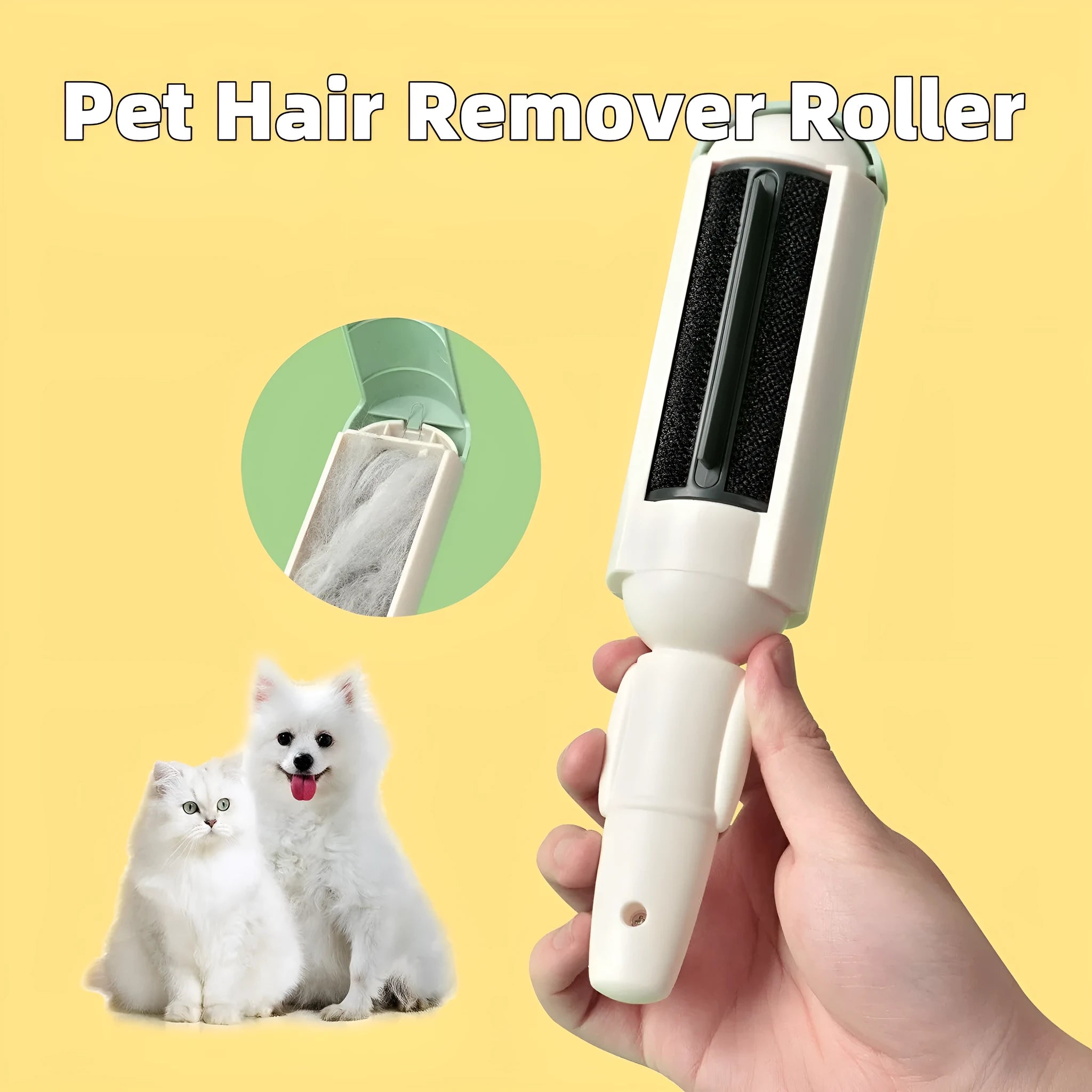 White green coloured pet hair remover roller with a non-slip handle on a fabric sofa.