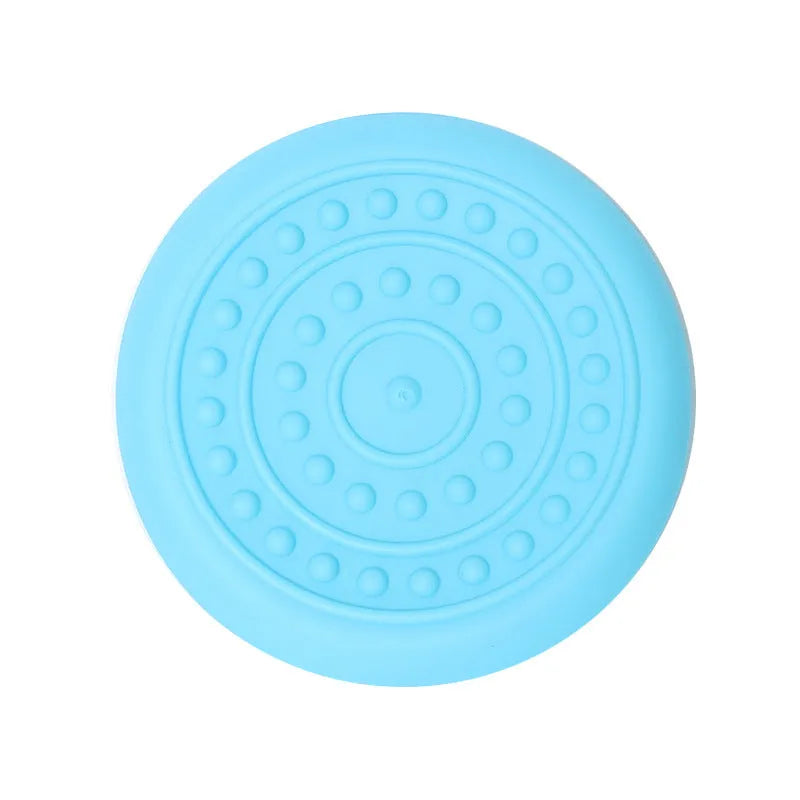 Plastic rubber dog frisbee toy in multiple colour options for outdoor fetch games