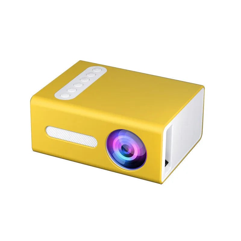 Mini LED projector with HDMI USB AV ports, 320x240 resolution, 25 ANSI lumens, black blue yellow colours