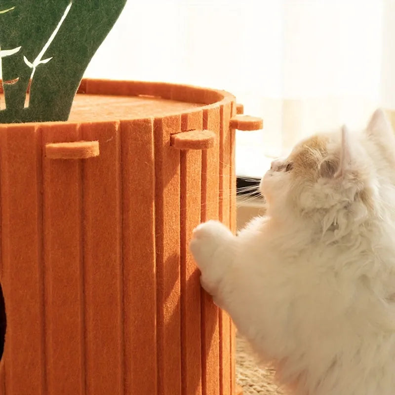 Orange carrot-shaped felt cat nest tunnel with a semi-enclosed opening, shown next to a measuring tape indicating 40cm length.