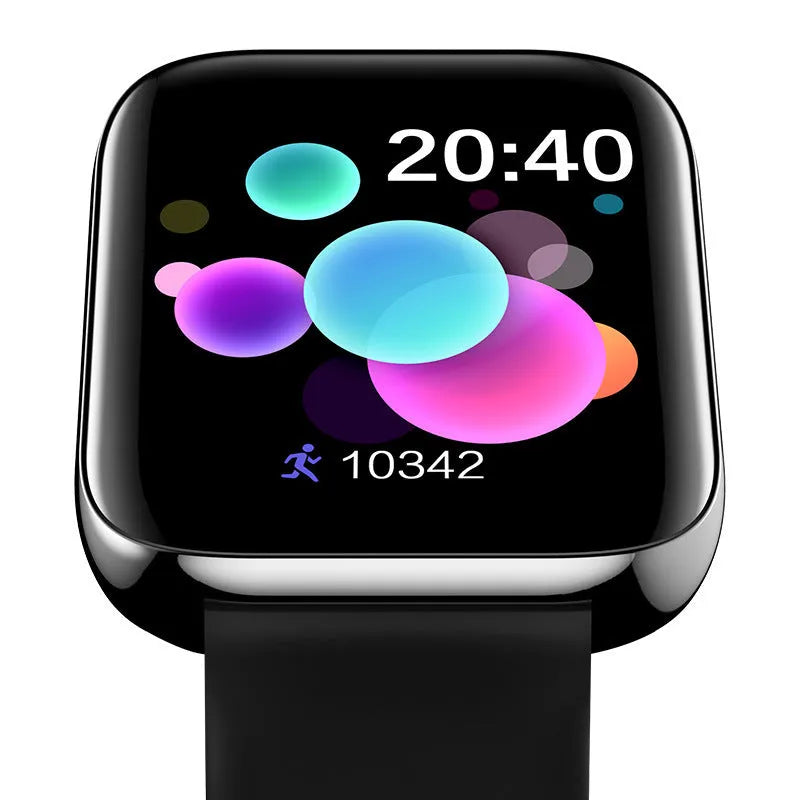 Smart bracelet with zinc alloy case showing a 1.44-inch display, featuring a liquid silicone strap in black, pink, or white.