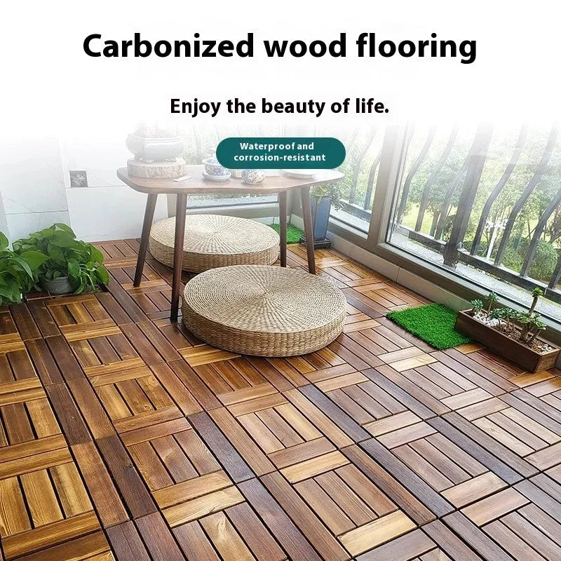 Camphor pine wood flooring tiles showing 30cm x 30cm dimensions with brush wax oil finish