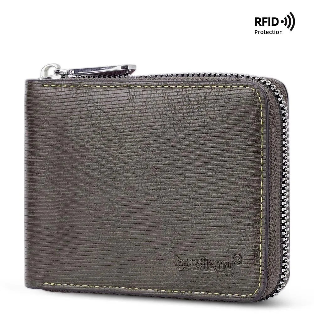 Black polyurethane zipper wallet with embossed detailing showing credit card slots and secure closure