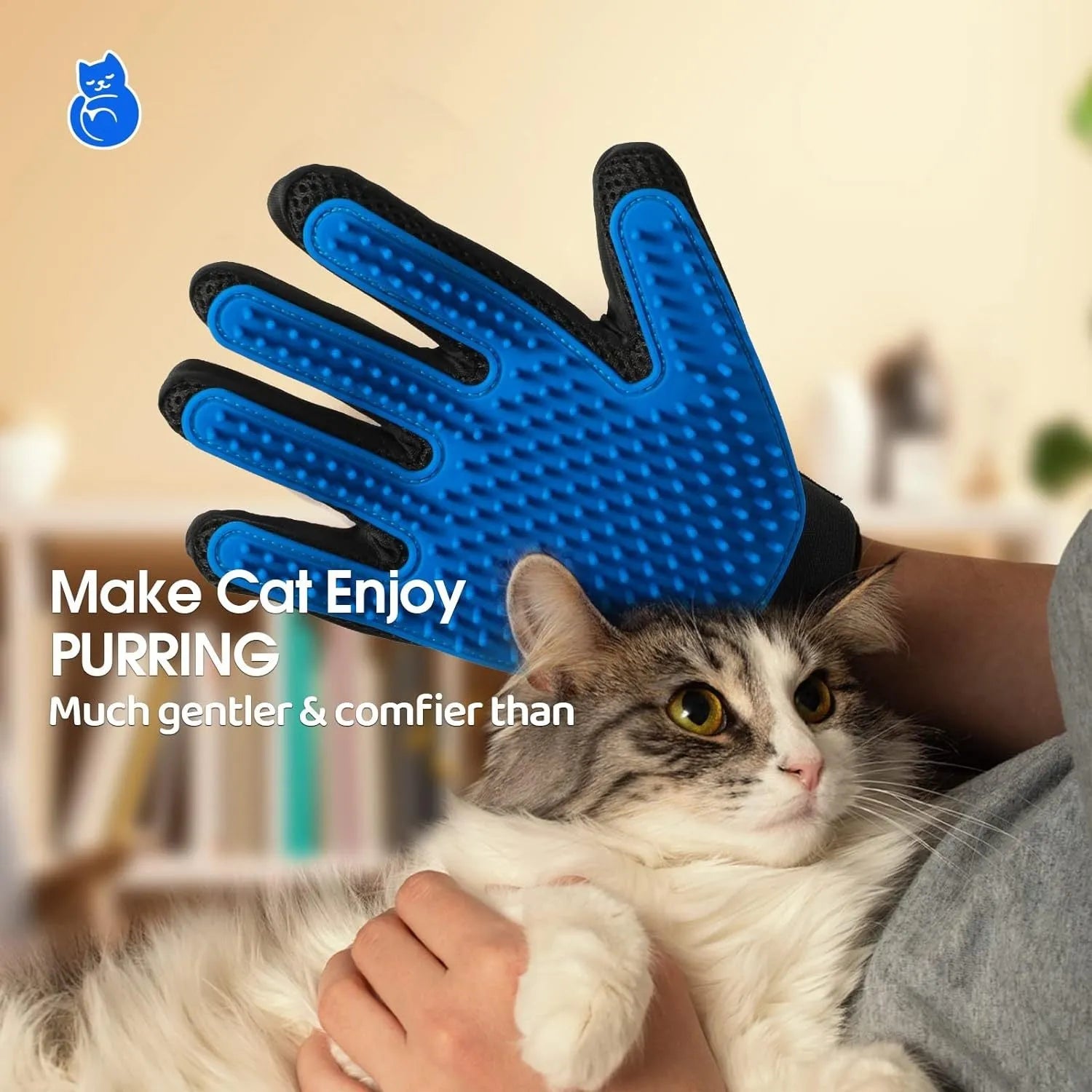 Blue pet grooming gloves with silicone tips for gentle shedding removal on dogs and cats