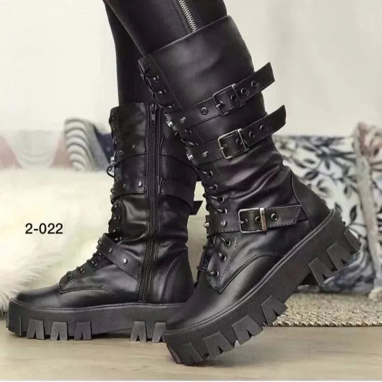 Women's black mid-calf knight boots with metal buckle and side zipper, round toe design on viscose sole