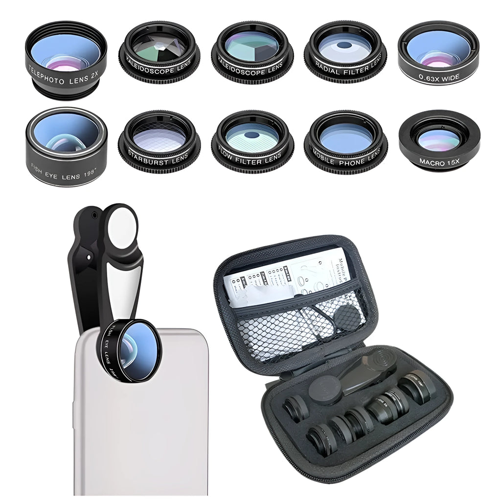 Black 10-in-1 set of external mobile phone camera lenses with aluminium-magnesium alloy housing.