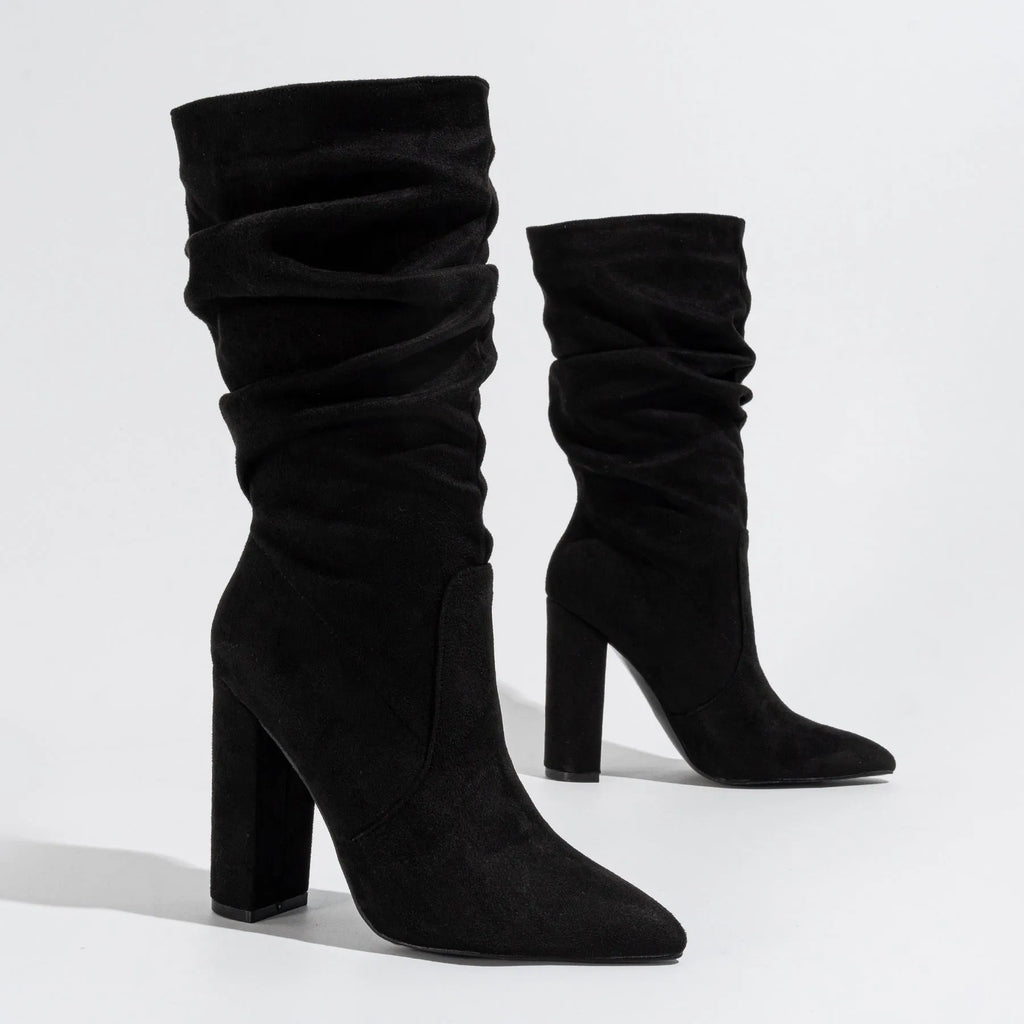 Women's chunky heel pointed-toe suede boots in black colour with 8cm+ heel height and middle calf length